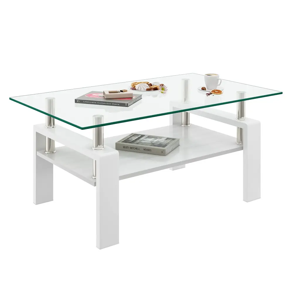 Modern Rectangular Coffee Table Tempered Crystal Glass Top And Storage Shelf
