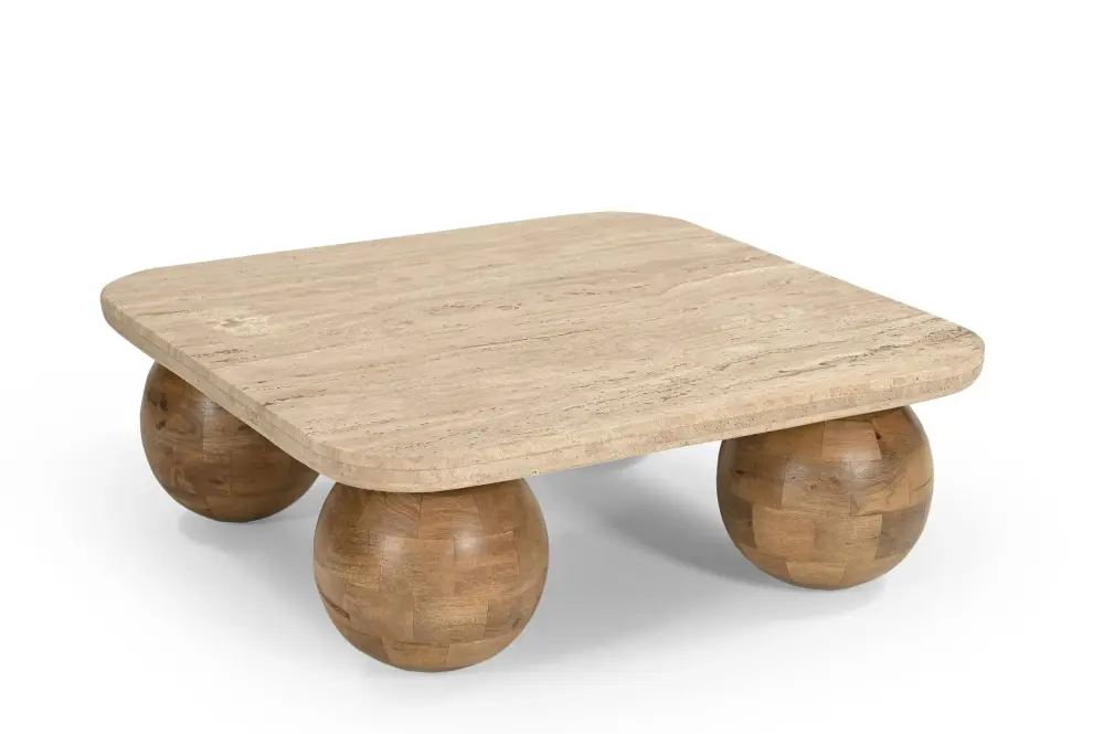 Modrest Seadrift - Contemporary Travertine Marble + Wood Square Coffee Table