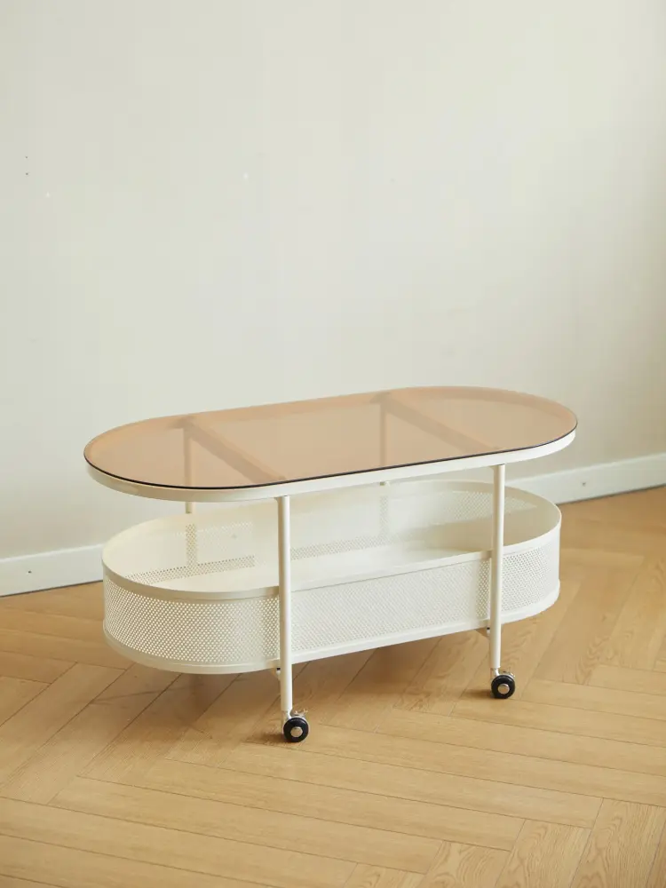 Movable Oval Metal Glass Coffee Table Storage - Snow