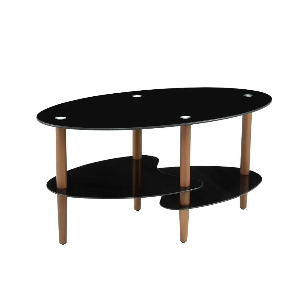 Oval Glass Coffee Table, Modern Table Living Room Oak Wood Leg Tea Table 3-Layer Tempered Glass Table - Taupe / Black