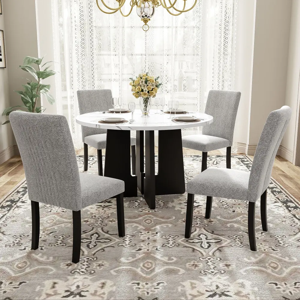 5 Piece Round Dining Table Set, Dining Table And 4 Upholstered Chairs Dining Room, Kitchen Room, Living Room - White / Ash