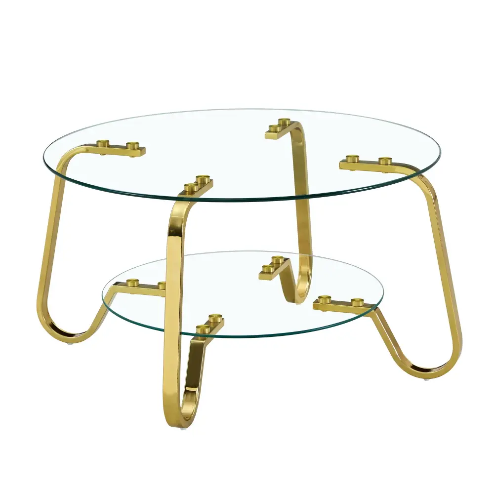 Retro Minimalist Style Metal Frame Twin Layer Tempered Glass Coffee Table