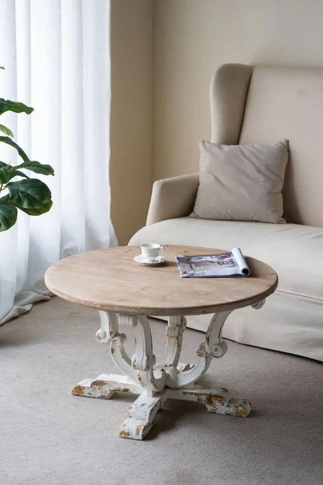 Round Wooden Coffee Table Distressed Scrollwork Legs - Polychrome