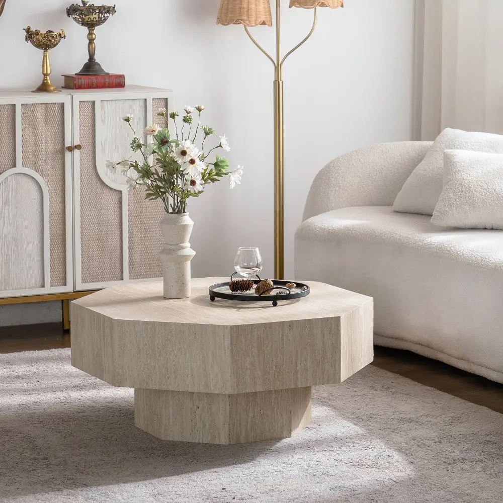 Timeless 30.5'' Modern Octagon Drum Ivory Wooden Coffee Table Living Room&bedroom #25034