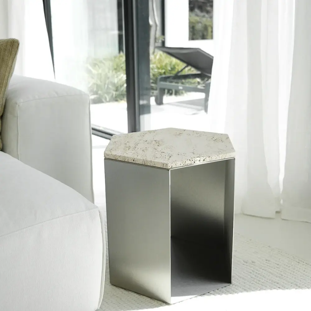 Travertine Coffee Table Stainless Metal – Hexagon - Travertine Top