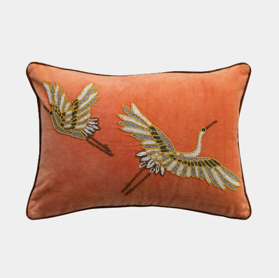 Cotton Velvet Lumbar Pillow w/ Beaded Cranes