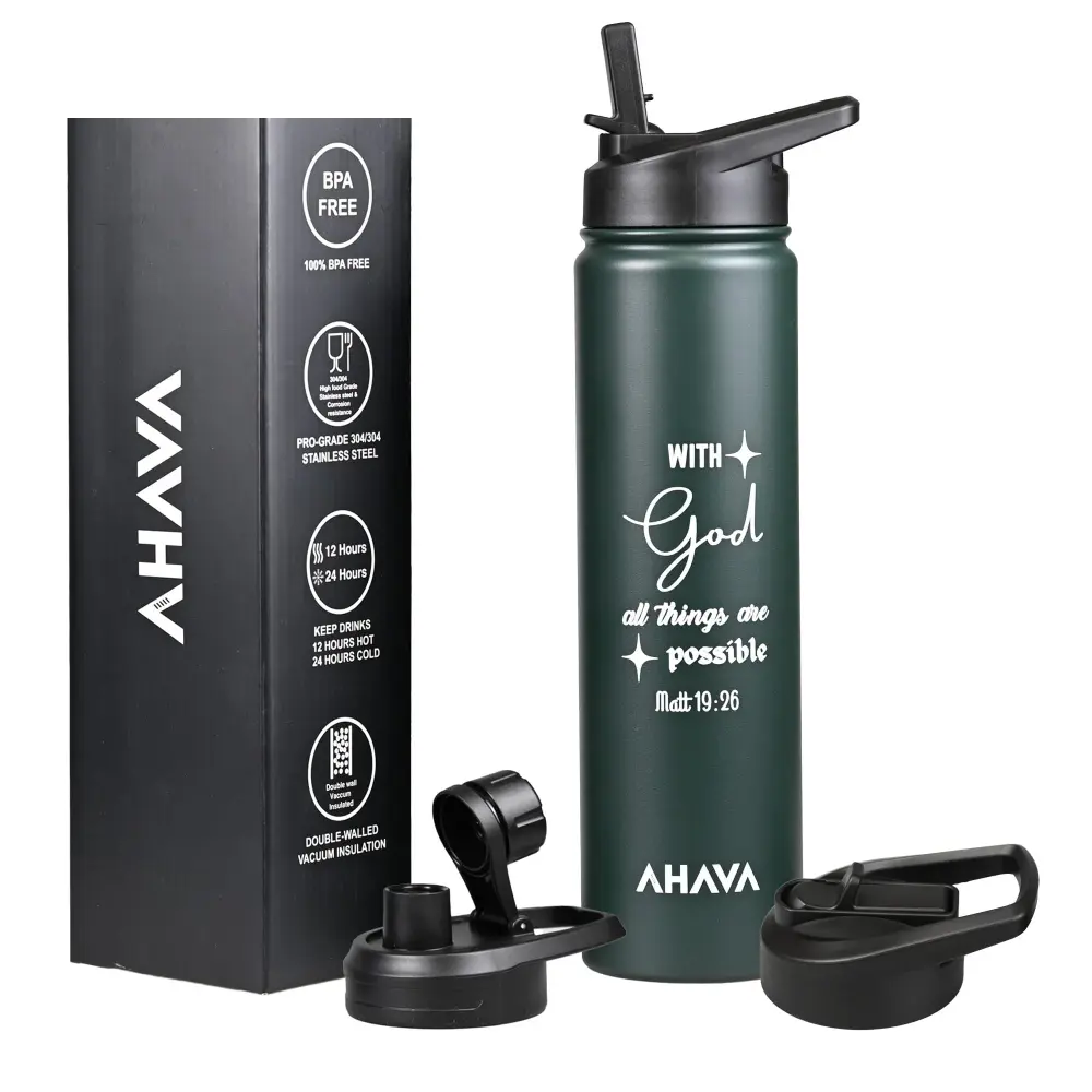 AHAVA Christian Gift Stainless Steel Warm Water Bottle | 750 ml | 2 Lids | Dishwasher Safe | 12hrs Hot, 24hrs Cold | God A...