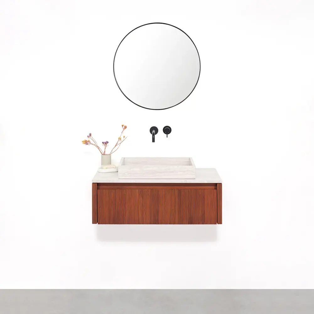 Bathroom cabinet Walnut - Ahun - George Beige Marble - Marcel top plate Ecru marble - 80 cm