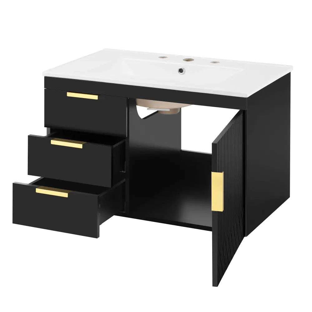 Modern Wall Mounted Bathroom Cabinet Ceramic Sink, Soft-Closing Drawer And Door