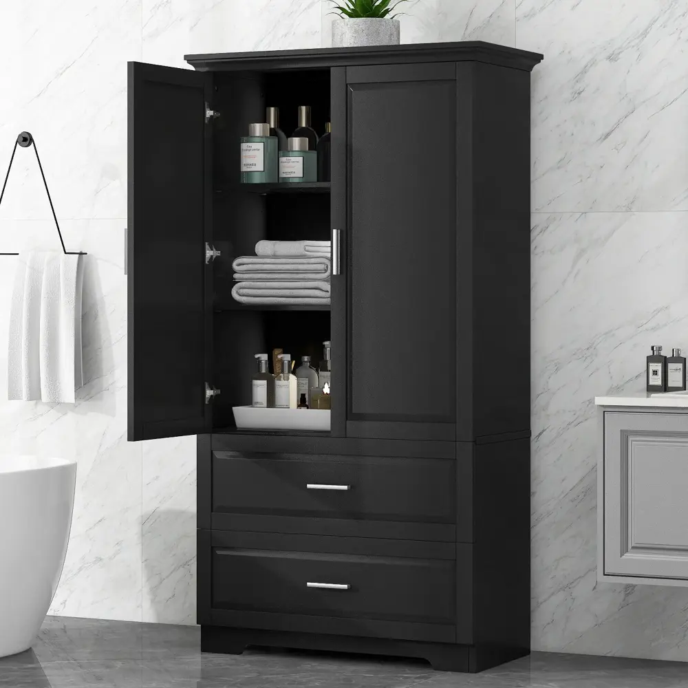 Tall Bathroom Storage Cabinet, Cabinet 2 Doors And Drawers, Adjustable Shelf
