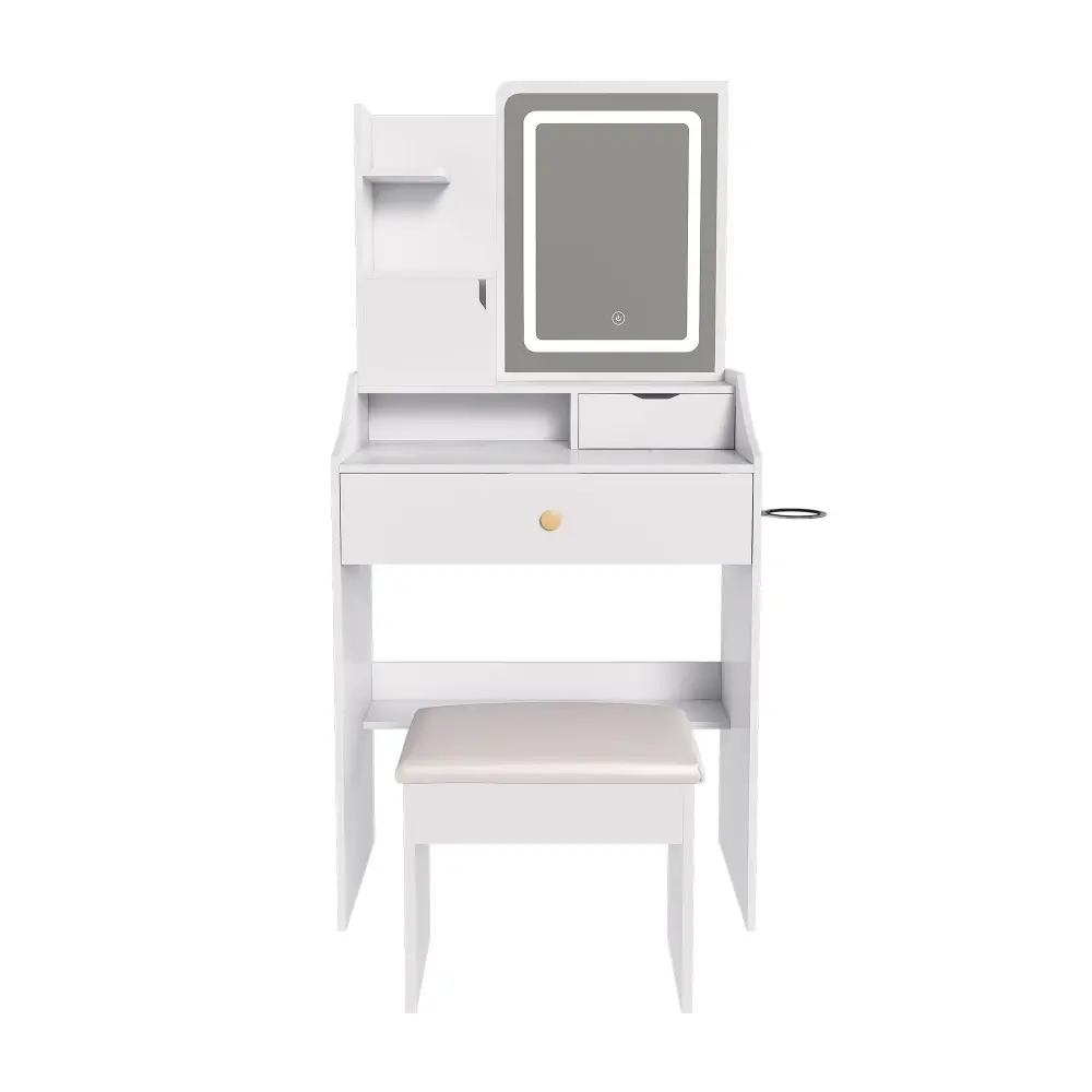 3 Color LED Vanity Mirror Stool, 2 Drawers & 5 Storage Cabinets, Variable Lighting - White