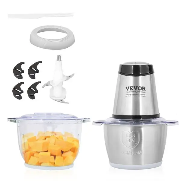 VEVOR Food Processor, Electric Meat Grinder 4-Wing Stainless Steel Blades, 8 Cup+5 Cup Two Bowls, DMCJRJJLBL2G215HRV1