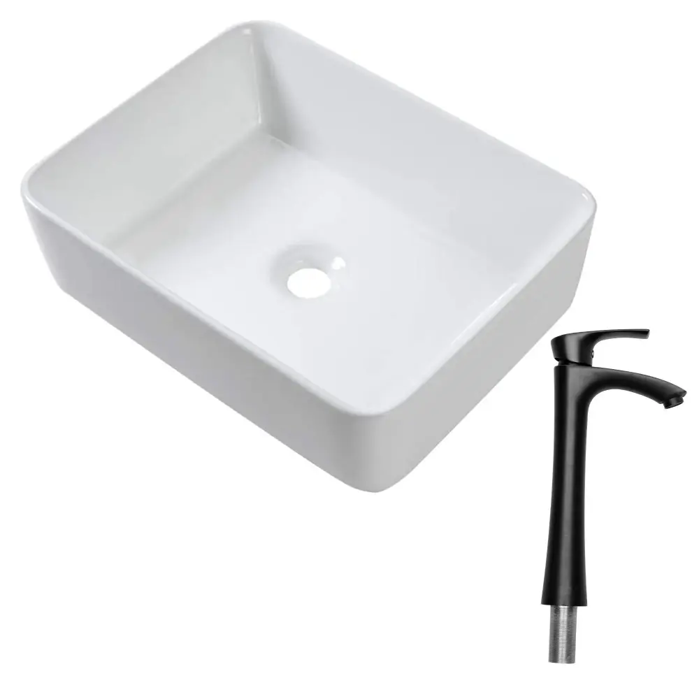 19" 5" Bathroom Sink Combo Rectangular Vessel Vanity Adjust Faucet Drop Ready Ceramic Basin - White / Black Compatible Con...
