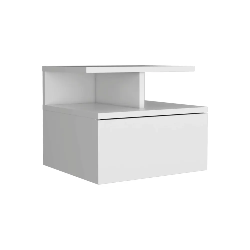 Floating Nightstand Wall Mounted Sole Drawer And 2 Tier Shelf - White