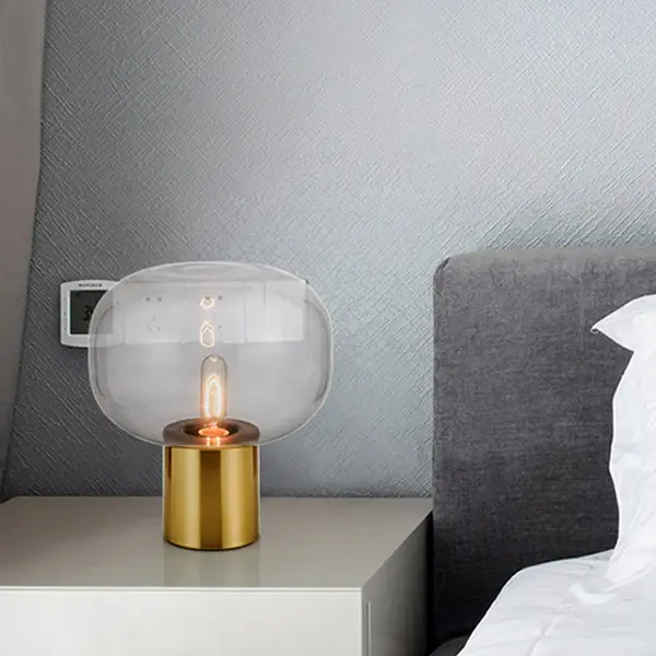 Minimalist 1-Bulb Nightstand Lamp Gold Oval Metal Table Lighting Smoke Ash Glass Shade