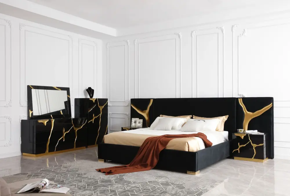 Modrest Aspen - Modern Wide Black and Amber Nightstand