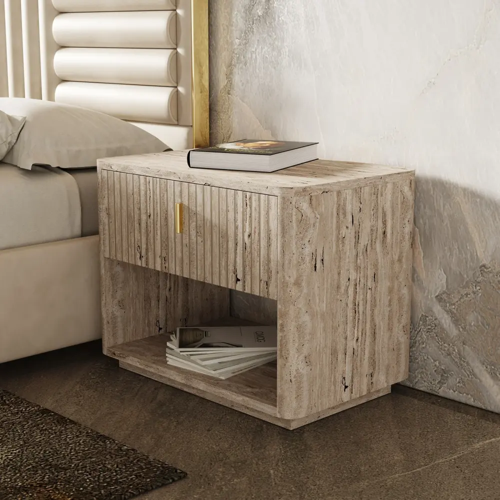 Nova Domus Roma - Modern Faux Travertine + Aurum Nightstand