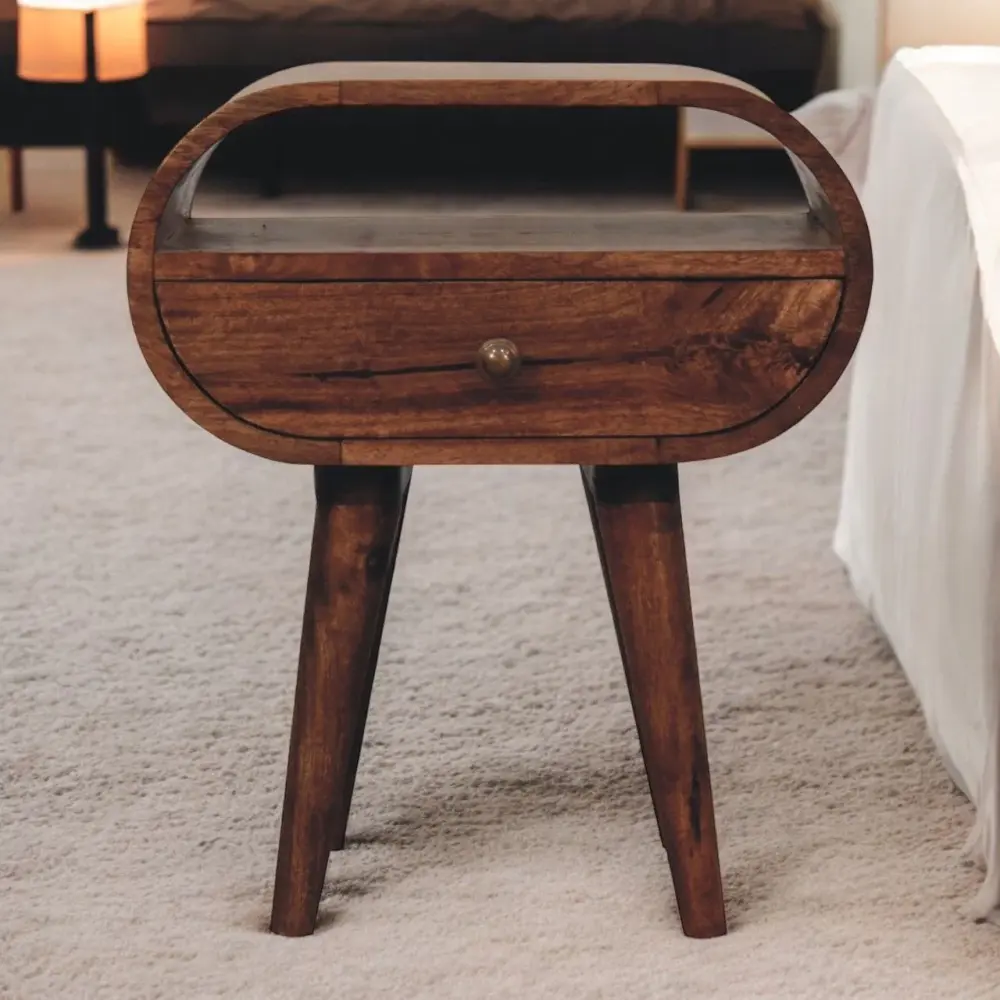 Solid Wood Circular Bedside Table Open Slot - Caramel