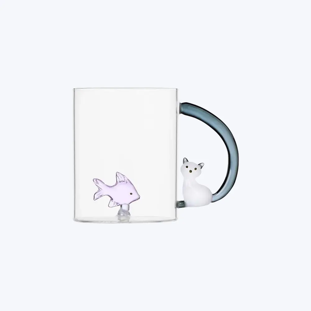 Tabby Cat Mug, Blush Fish & White Cat Smoke Tail