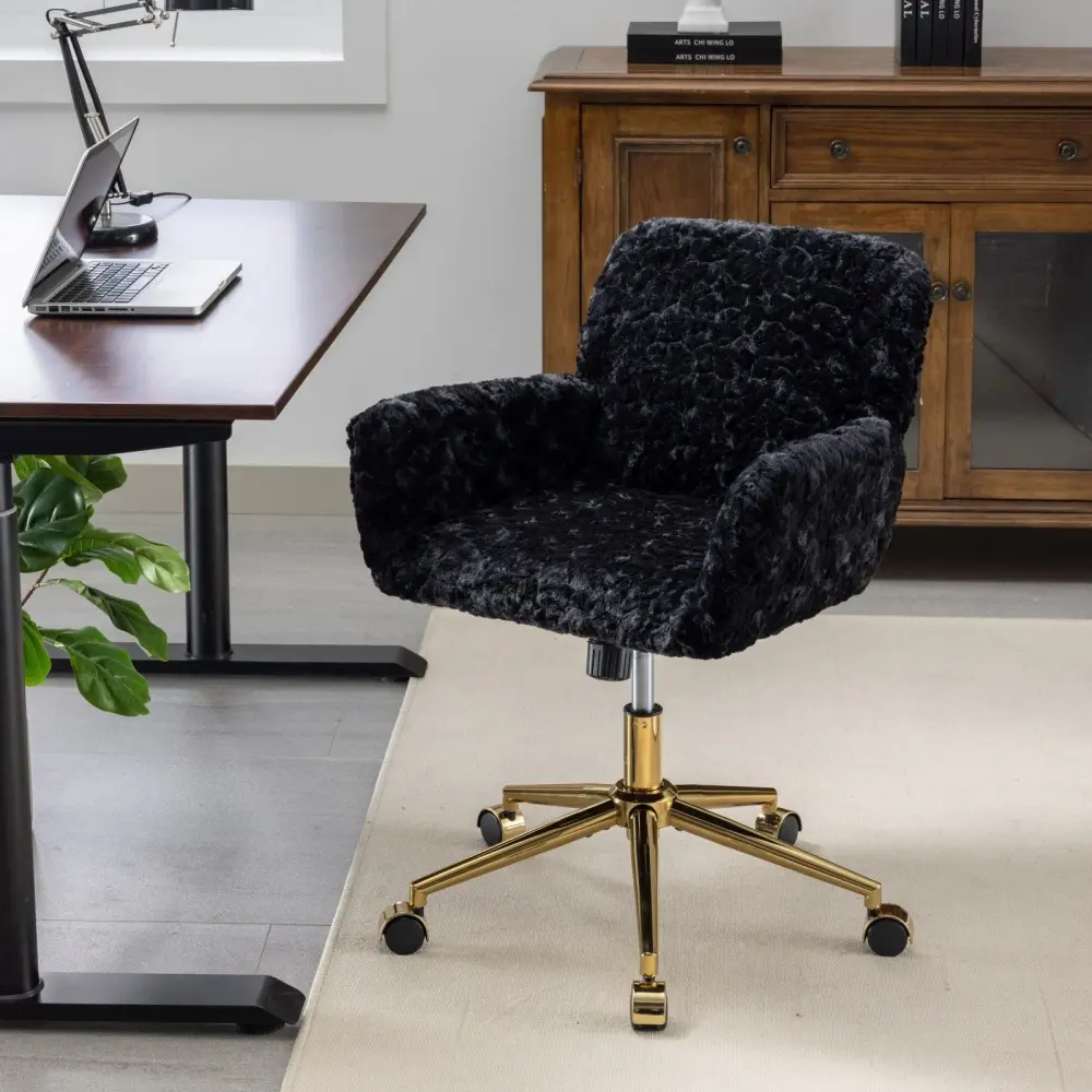 Height Adjustable Office Chair, Artificial Rabbit Hair Home Office Chair Metal Base, Flexible Desk Chair Swivel Office Cha...