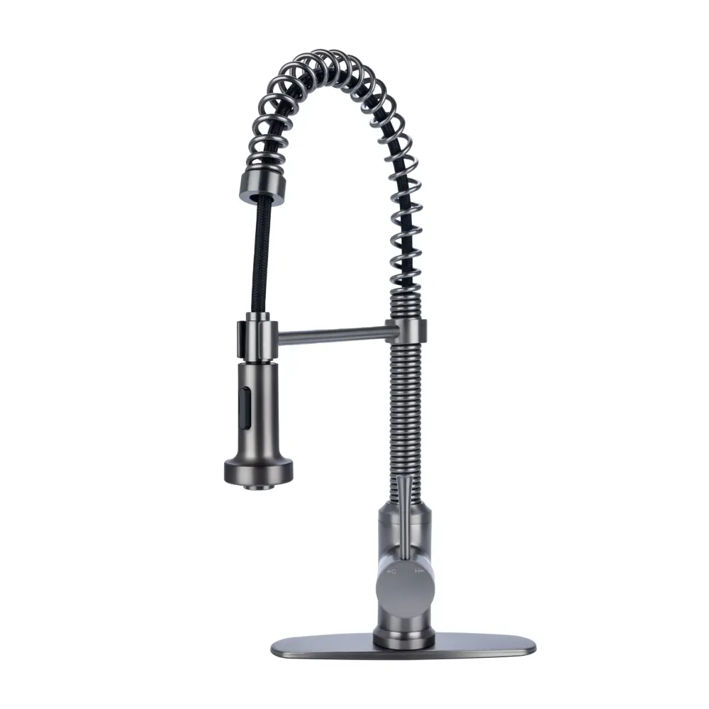 Fontaine Italia Residential Spring Coil Pull Down Kitchen Faucet Cone and Flat Spray Heads Gun Alloy Pewter