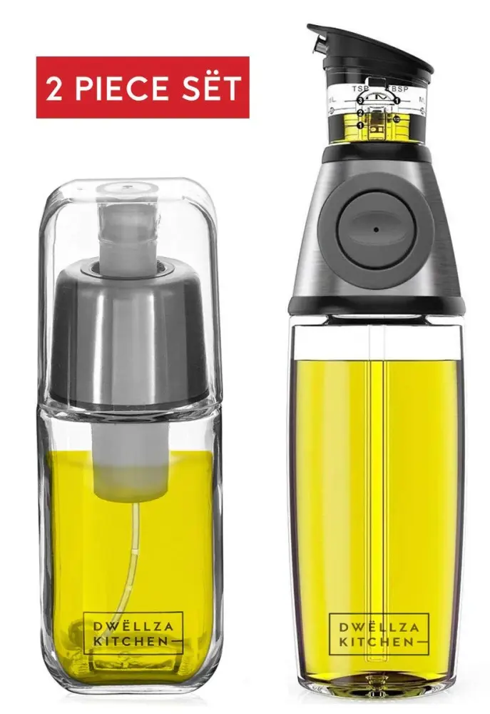 Olive Oil Dispenser and Oil Sprayer Cooking Set – Premium Oil Mister Sprayer 6 OZ and Glass Oil Bottle 17 OZ Measurement...