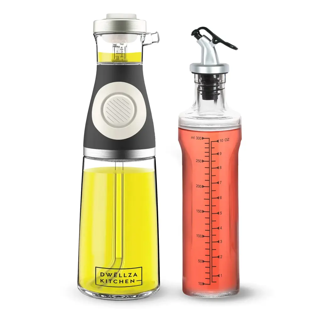 Olive Oil and Vinegar Dispenser Bottle Adjust - 2 Piece - Superior Glass Drip-Free Spouts Includes 17oz 500ml Measuring Bo...