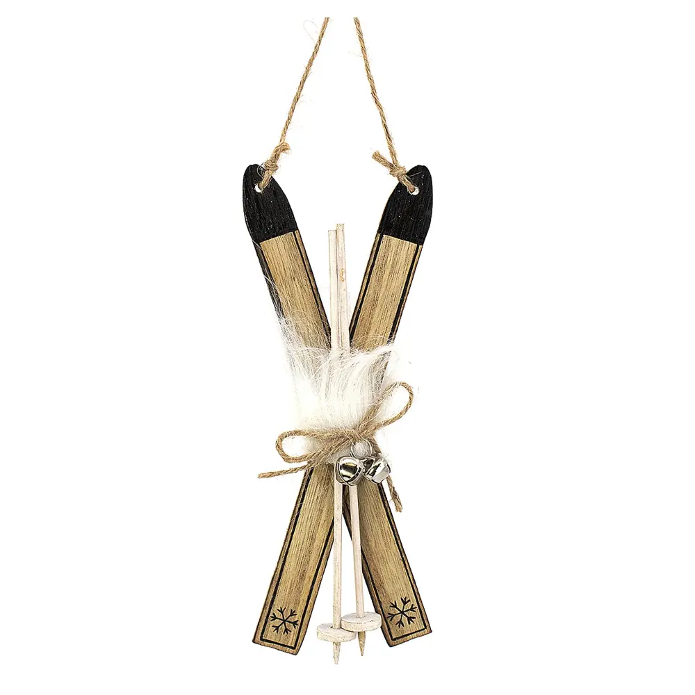 Twist-Tie Unrefined Wood Hanging Skis Decoration, 7''