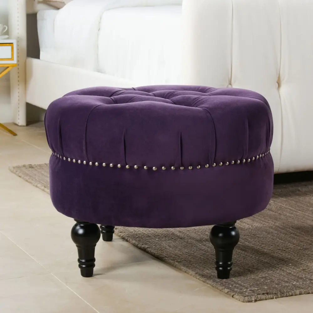 Dawn - Tufted Round Ottoman Nailhead Accents - Violet