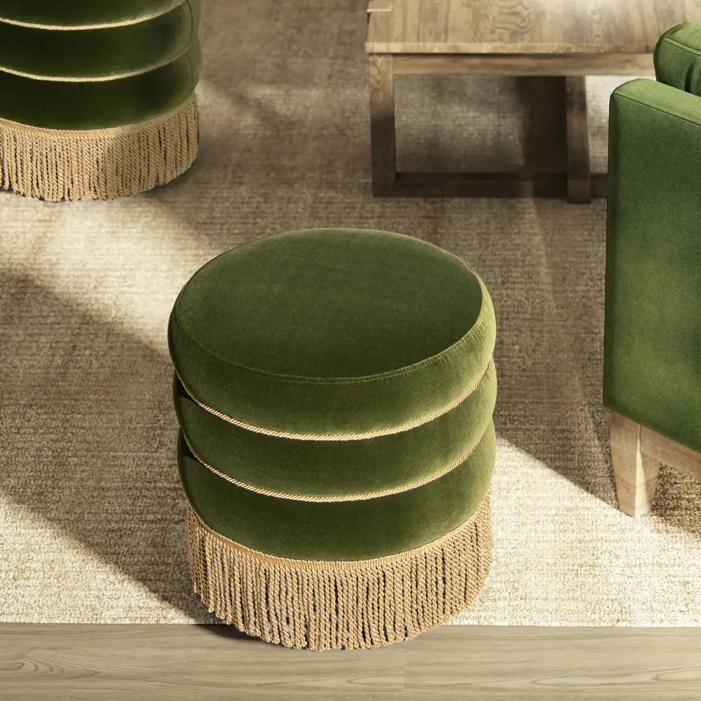 Edward - Round Upholstered Ottoman Bullion Fringe - Olive Sage