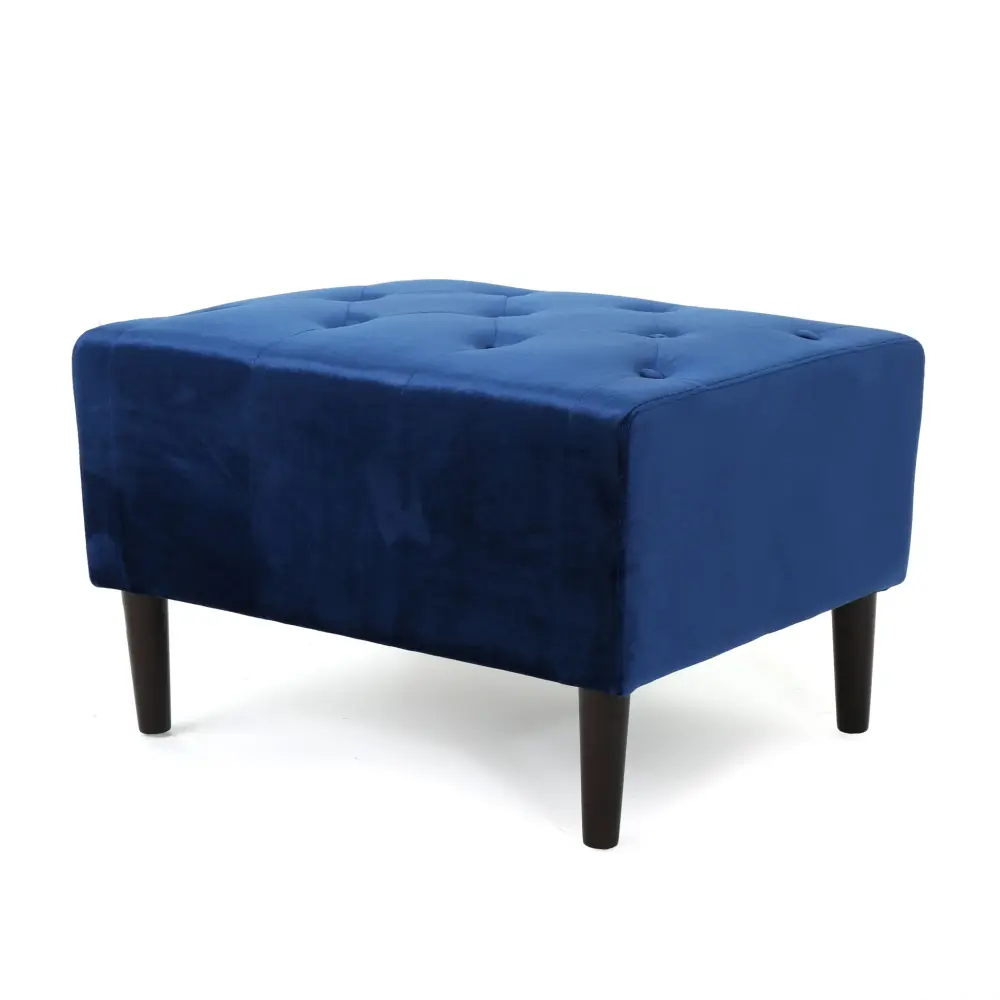Mid Century Ottoman Velour Button Tufting Birch Wood Legs - Navy Blue