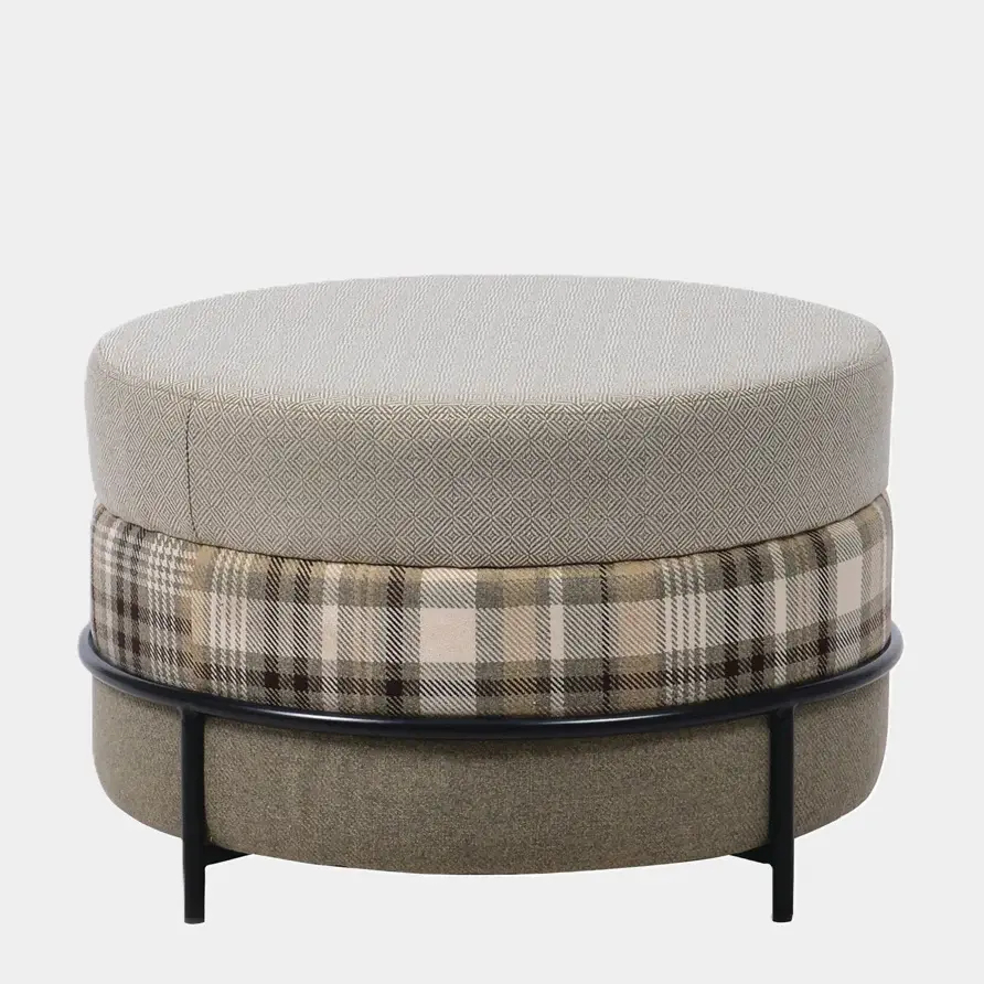 Plaid Upholstered Ottoman w/ Black Alloy Legs