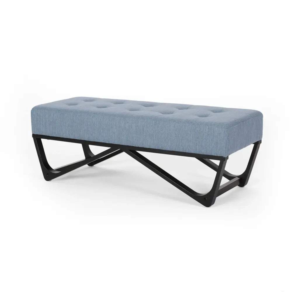 Upholstered Ottoman Button Tufted Waffle Stitch And Black Geometric Legs - Light Azure