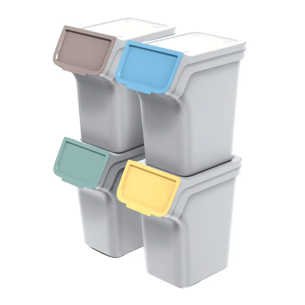 Keden Stackbox 4x 20L Recycling Sorting Waste Bin Set 3-Piece Portable Grey Separation Garbage Trash Can Colour Coded Stay...