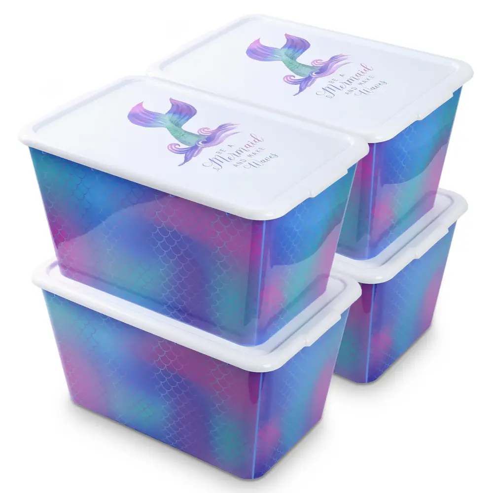 SIMPLYKLEEN 4-Packs 58-QT Plastic Storage Bins Rainbow Mermaid Print Lids, Nestable Storage Container, Large Storage Totes...