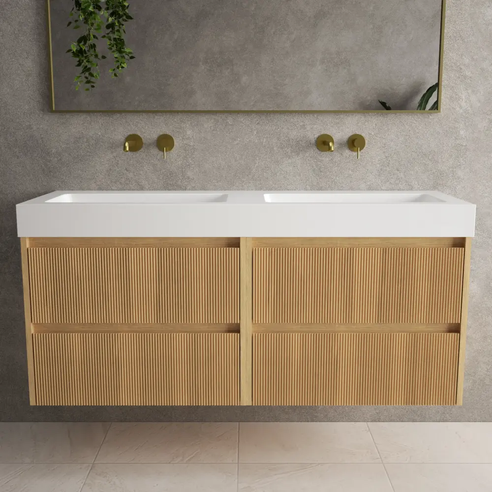Scanalato Four Drawer Vanity Unit Beyondstone BLOC Dual Basin - Oak 1400mm
