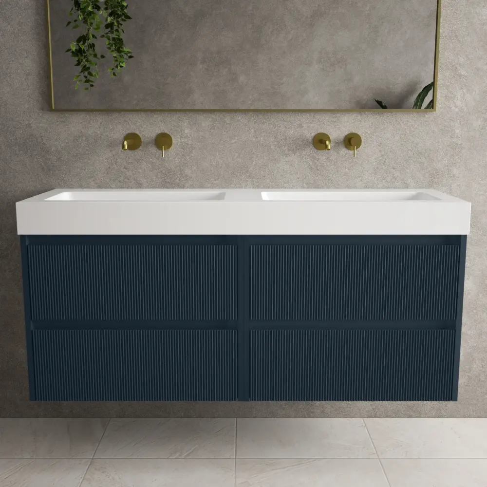 Scanalato Four Drawer Vanity Unit Beyondstone BLOC Paired Basin - Midnight Blue 1400mm