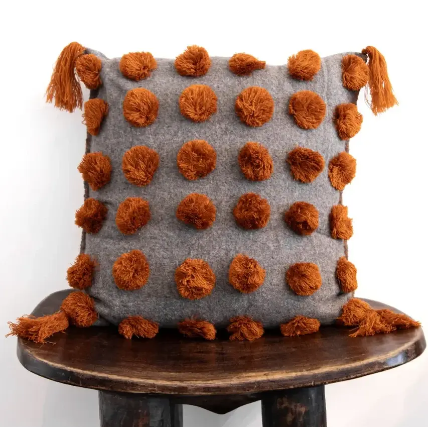 Premium Quality Ula Pom Pom Pillow - Terracotta/Grey