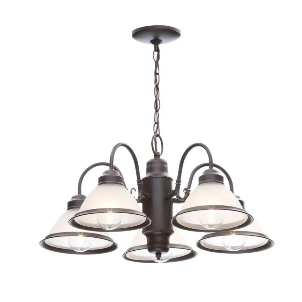 Hampton Bay Halophane 5 Buoyant Oil Rubbed Bronze Chandelier Frosted Ribbed Glass Shades Damaged Box