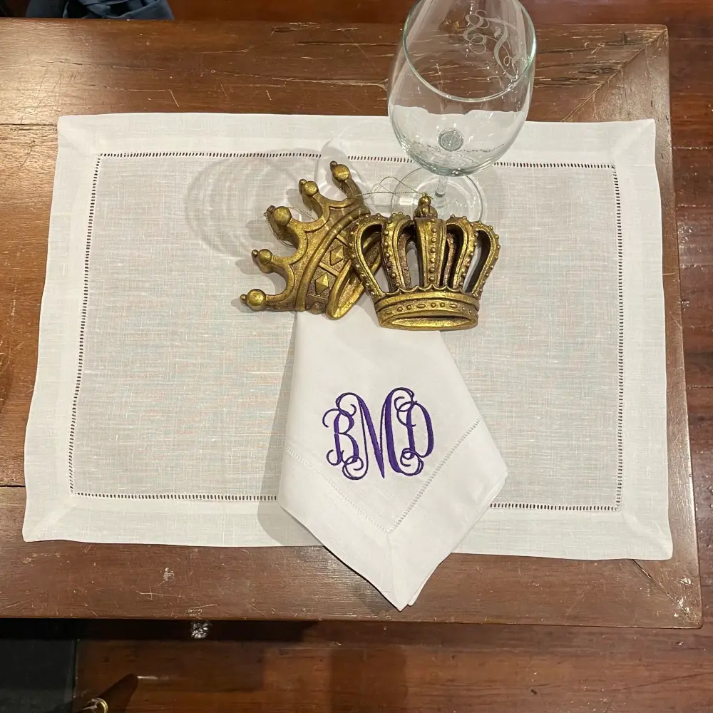MONOGRAM LINEN HEMSTITCH WHITE PLACEMATS SET 6