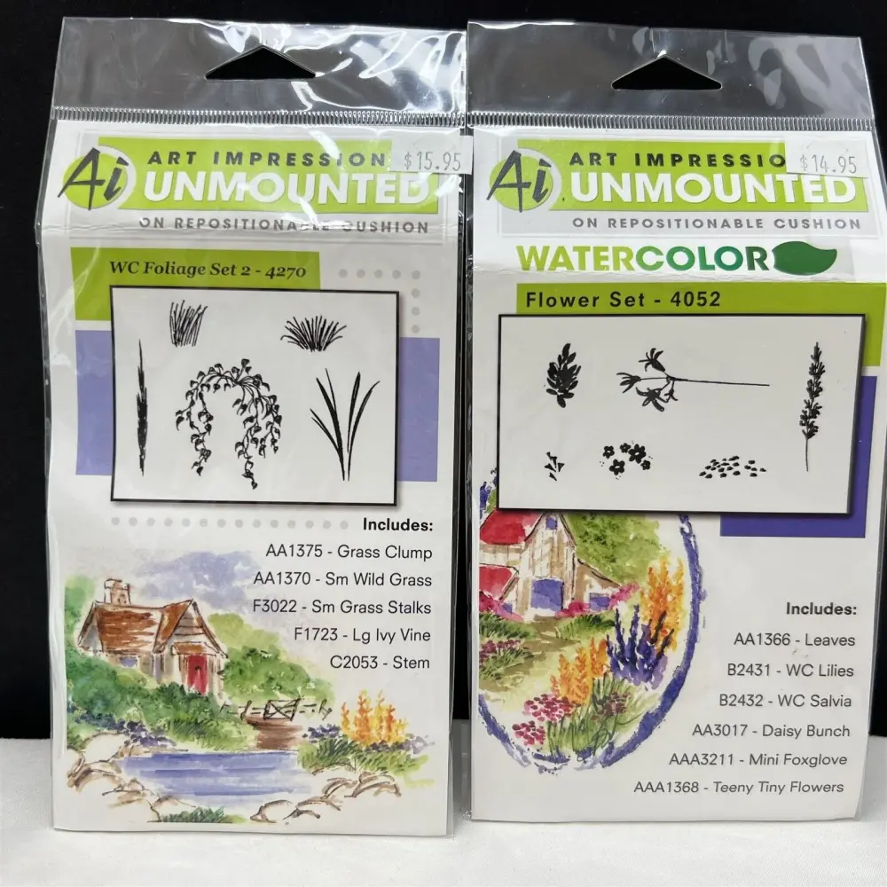 Art Impressions Watercolor FLOWER & FOLIAGE Sets 2 Tpr Stamps Lot - High Resolution Print