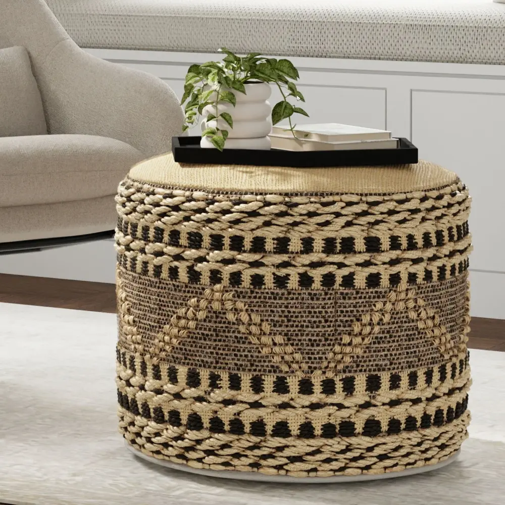 Glass Top Stella - Round Woven Pouf - Natural / Midnight
