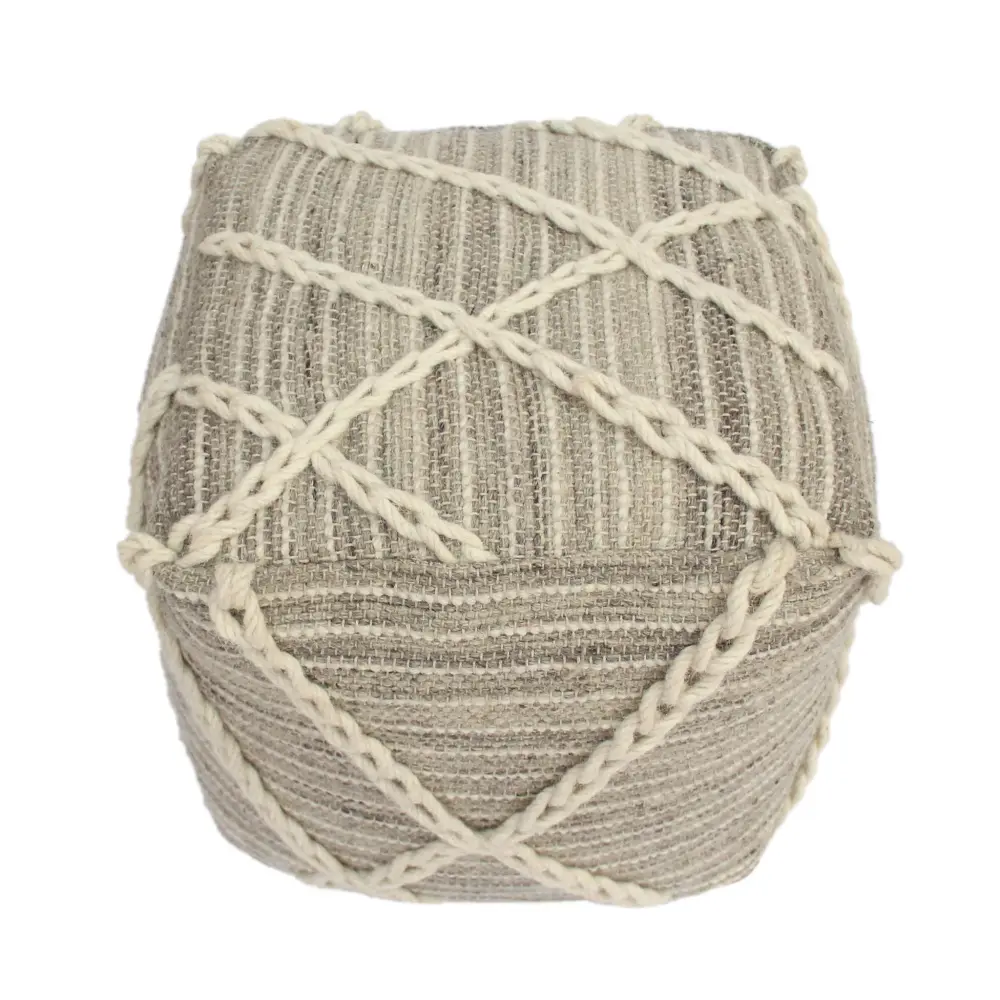 Mid-Century Modern Modern Wool Rope Square Pouf Ottoman Floor Cushion - Slate / Ivory