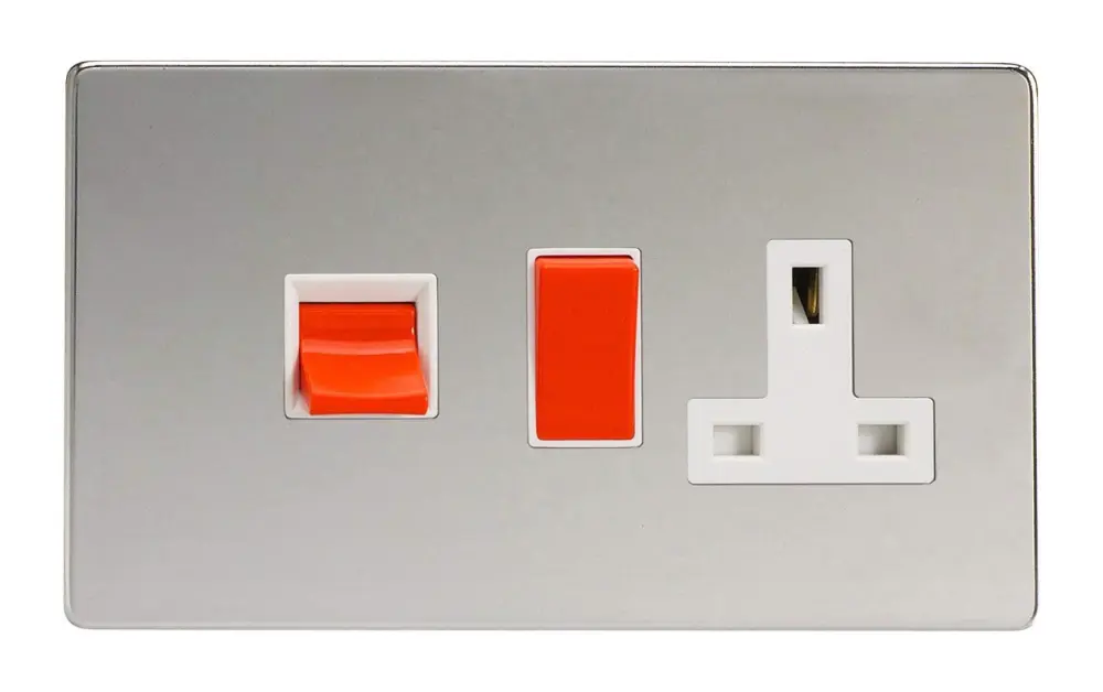 Varilight 45A Cooker Panel 13A Double Pole Switched Plug Socket Outlet (Red Rocker) Polished Shiny metal XDC45PWS