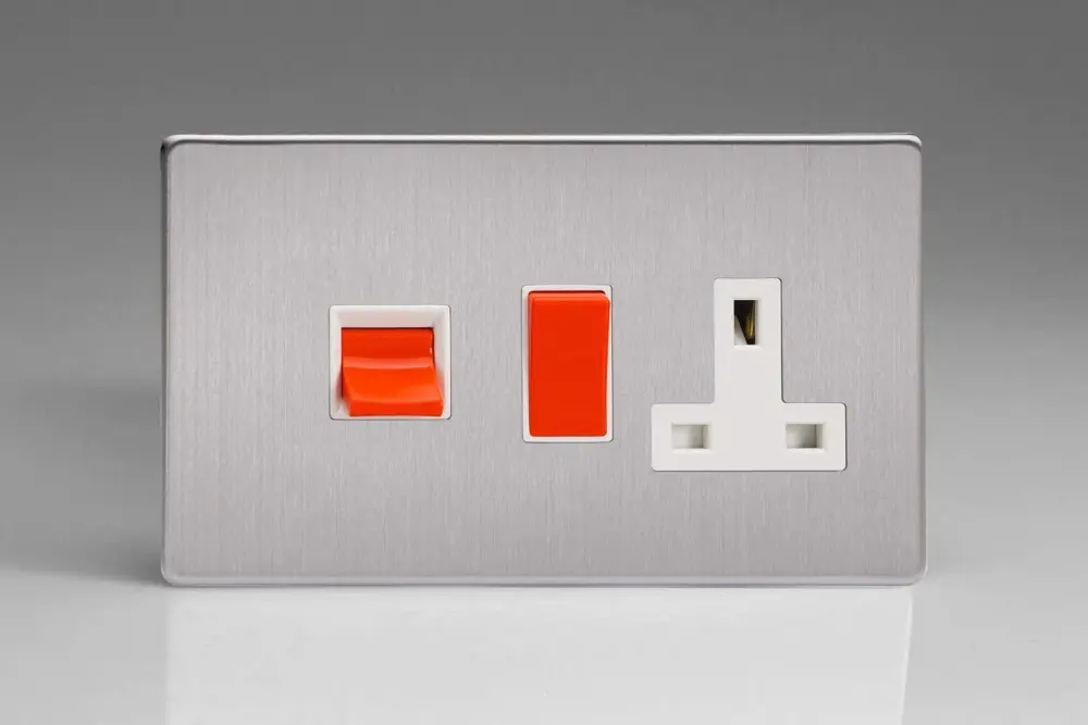 Varilight 45A Cooker Panel 13A Double Pole Switched Plug Socket Outlet (Red Rocker) Brushed Stainless XDS45PWS