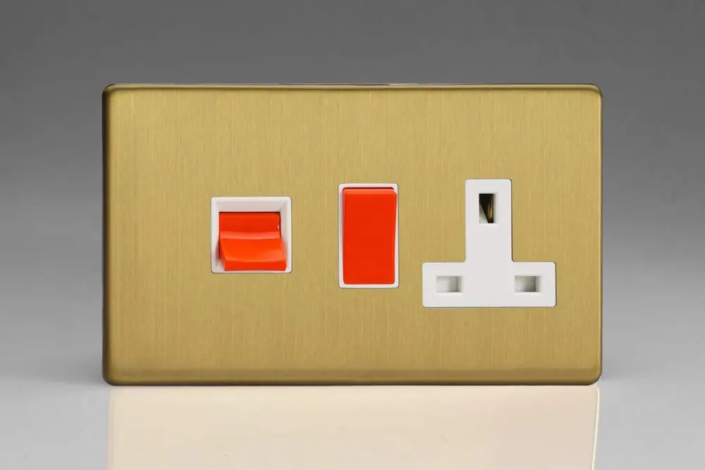 Varilight 45A Cooker Panel 13A Dual Pole Switched Plug Socket Outlet (Red Rocker) Brushed Brass XDB45PWS