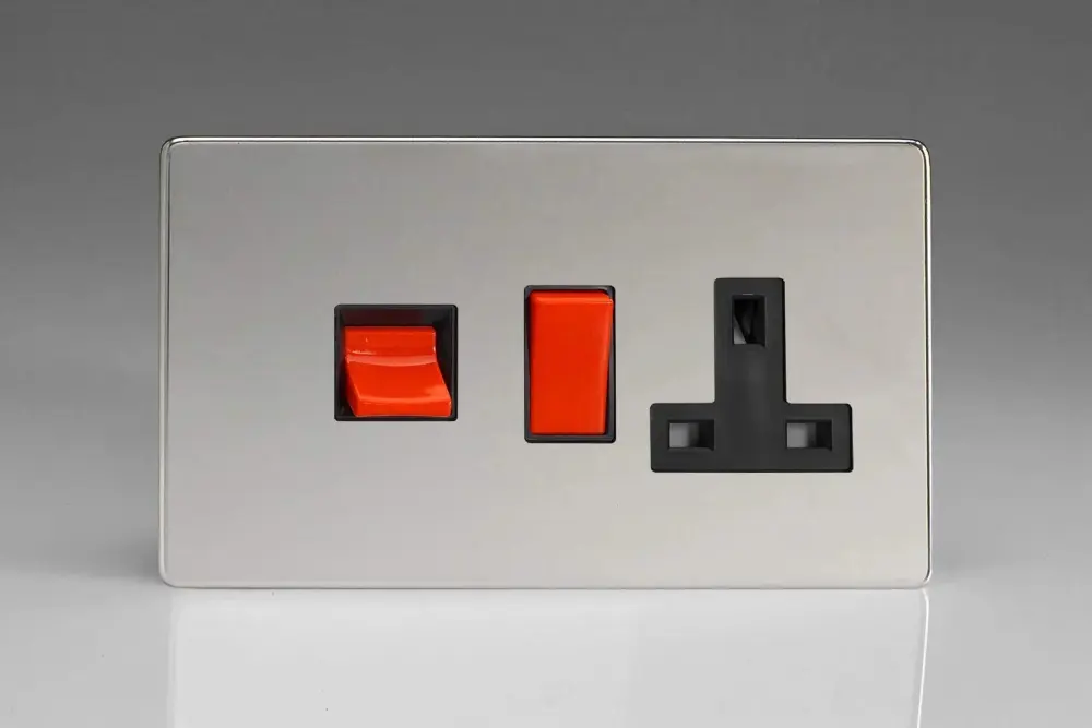Varilight 45A Cooker Panel 13A Twin Pole Switched Plug Socket Outlet (Red Rocker) Polished Chrome XDC45PBS