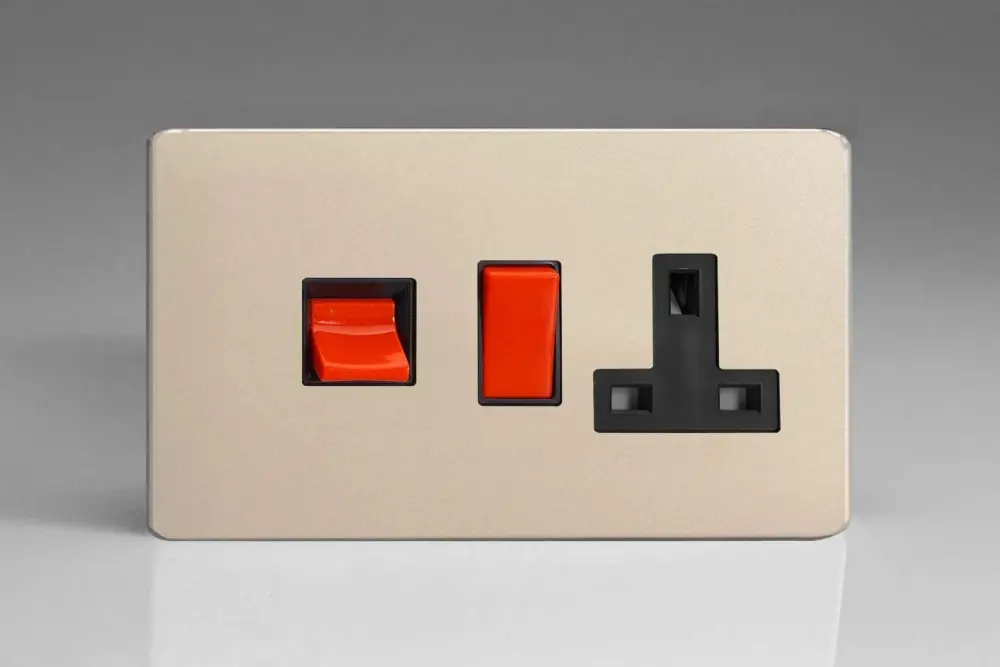 Varilight 45A Cooker Panel 13A Twin Pole Switched Plug Socket Outlet (Red Rocker) Satin Chrome XDN45PBS