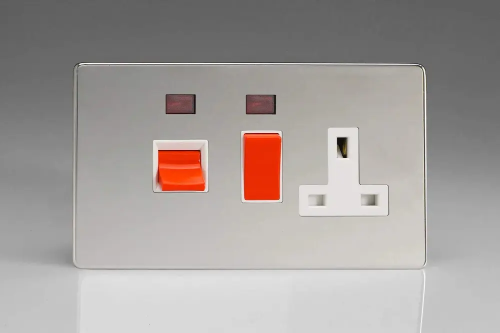 Varilight 45A Cooker Panel + Neon 13A Double Pole Switched Plug Socket Outlet (Red Rocker) Glossy Chrome XDC45PNWS