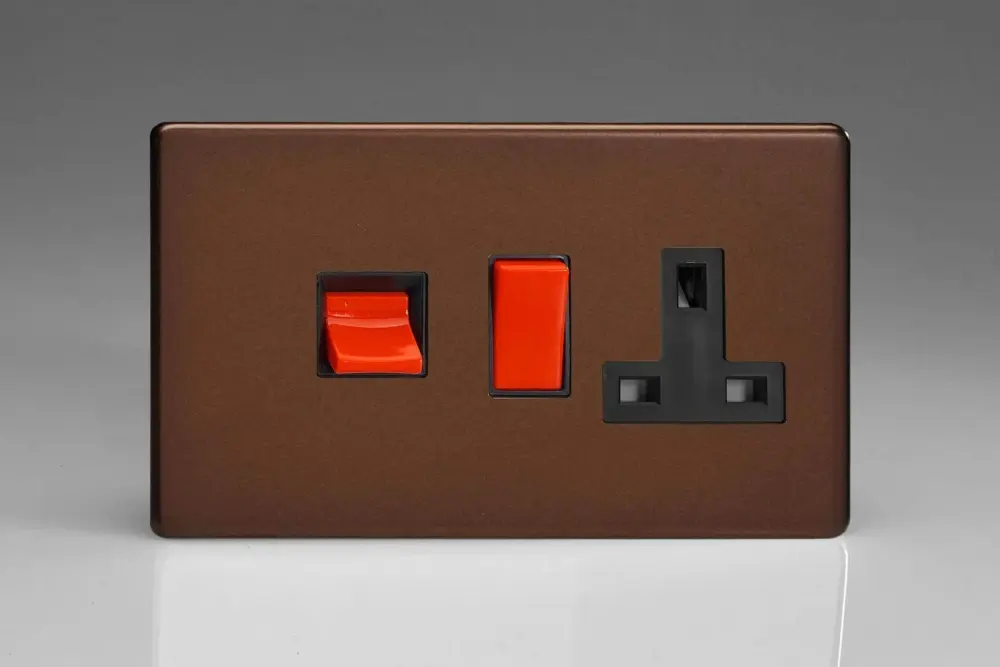 Varilight Flat Plate Screwless Mocha 45A Cooker Switch & 13A Plug Socket Neon Ebony Insert XDM45PNBS